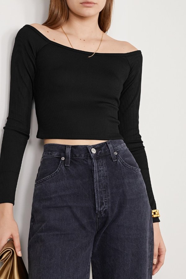 Off-the-shoulder chain-embellished ribbed stretch-jersey top