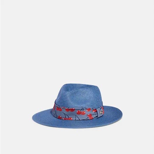 Straw Brimmed Hat With Cherry Print Scarf