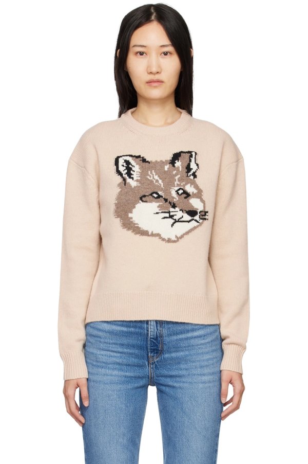 Beige Big Fox Head Sweater