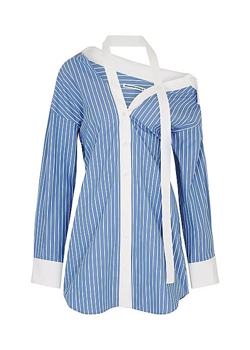 Asymmetric striped mini cotton shirt dress