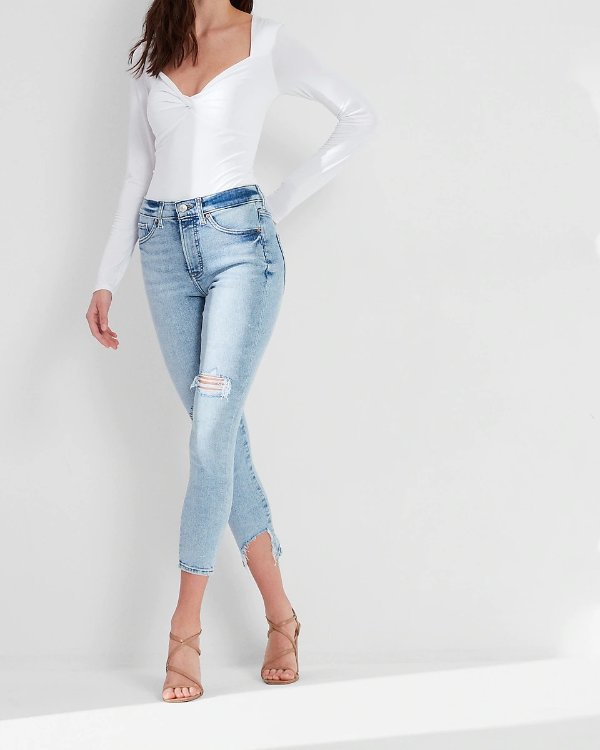 High Waisted Light Wash Ankle Detail Cropped Skinny Jeans