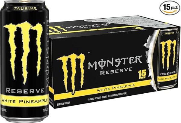 Reserve White Pineapple, Yellow, Energy Drink, 16 Ounce (Pack of 15)