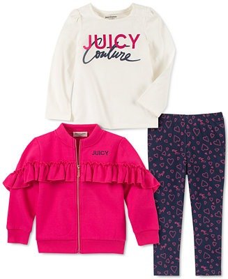 Little Girls 3-Pc. Ruffled Fleece Jacket, Logo Top & Printed Leggings Set