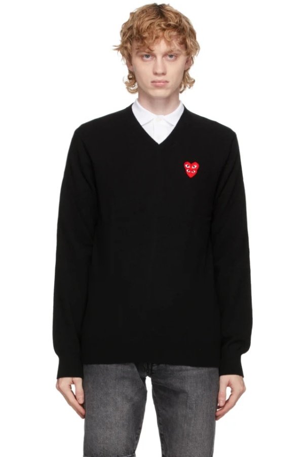 Black Double Heart V-Neck Sweater