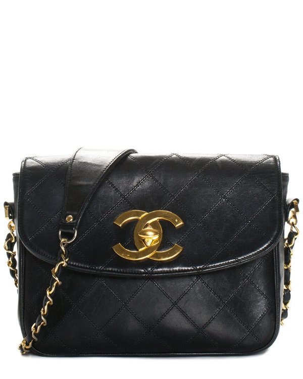 Black Quilted Leather Single Flap Logo Crossbody