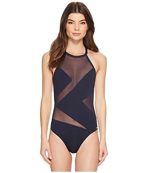 MICHAEL Michael Kors Layered Illusion High Neck One-Piece Swimsuit w/ Mesh Insert at 6pm