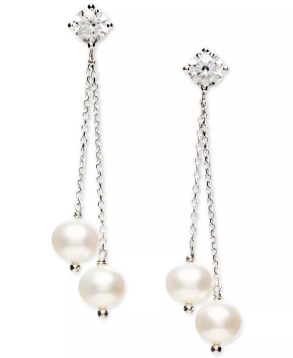 Cultured Freshwater Pearl (6-6-1/2mm) & Cubic Zirconia Double Chain Drop Earrings in Sterling Silver