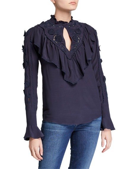 Fluid Jersey Eyelet-Embroidered Ruffle Blouse