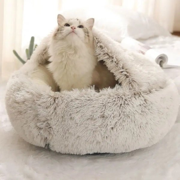 Plush Round Hooded Pet Bed, Warm Dog Bed For Small Dogs, Fluffy Soft Cat Bed, Donut Pet Cushion | Save Money On Temu | Temu