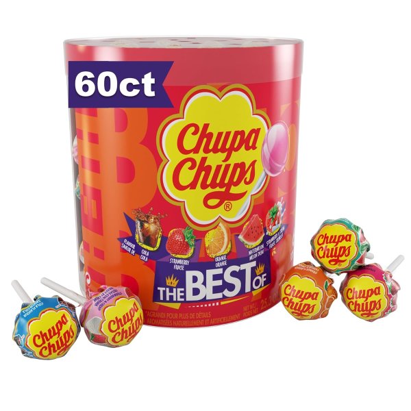 Chupa Chups Candy Lollipops, 5 Assorted Flavors 60 Count Drum