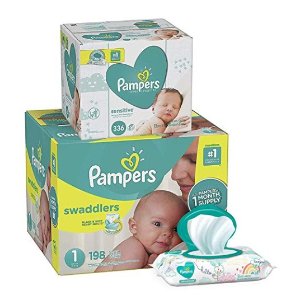 Pampers Swaddlers Disposable Baby Diapers Size 1-6 + Baby Wipes Sensitive Pop-Top Packs, 336 Count@ Amazon