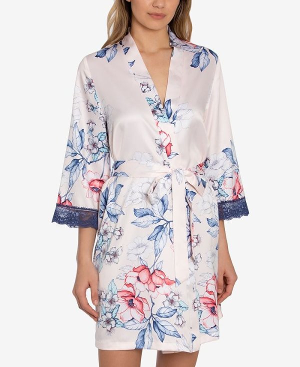 Corinne Satin Floral-Print Wrap Robe