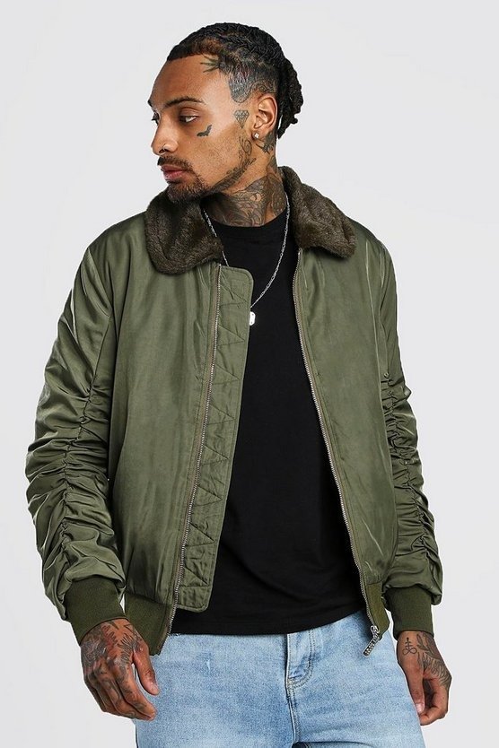 Padded Bomber With Faux Fur Collar | boohooMAN