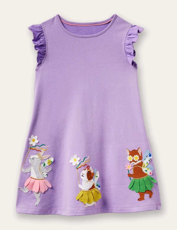 Frill Sleeve Applique Dress - Aster Purple Tutu Animals | Boden US