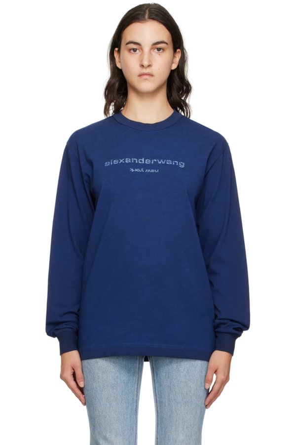Navy Printed Long Sleeve T-Shirt