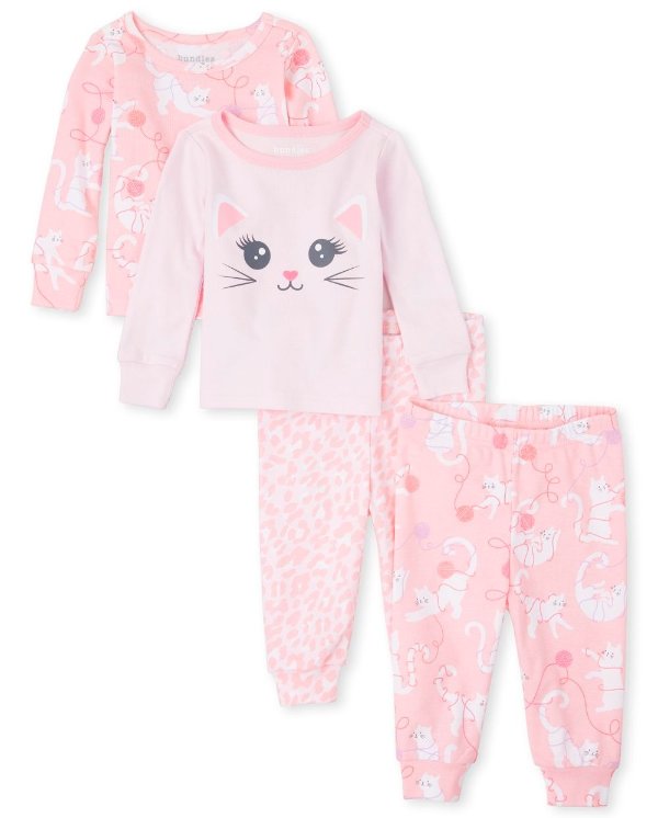 Baby And Toddler Girls Long Sleeve Cat Snug Fit Cotton 4-Piece Pajamas