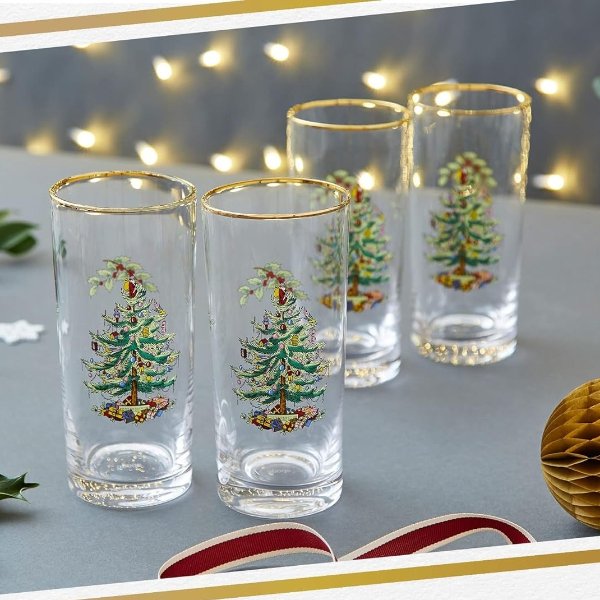 Christmas Tree Glassware - Set of 4 -Made of Glass – Gold Rim- Classic Drinkware - Gift for Christmas, Holidays, or Wedding - Drinking Glasses (Highballs)