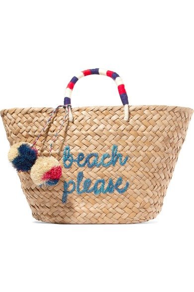 St Tropez pompom-embellished embroidered woven straw tote