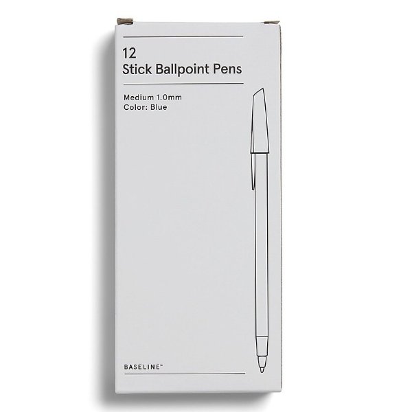 Baseline Ballpoint Stick Pens, Medium Point, Blue Ink, 12/PK