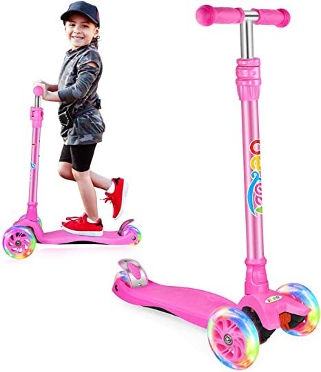 Scooters for Kids 3 Wheel Kick Scooter for Toddlers Girls & Boys, 4 Adjustable Height, Lean to Steer, Extra-Wide Deck, Light Up Wheels for Children from 3 to 14 Years Old