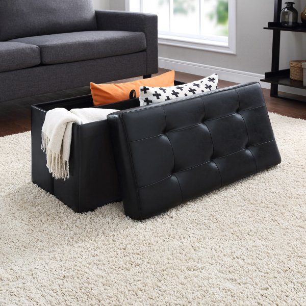 Mainstays Collapsible Storage Ottoman, Quilted Black Faux Leather
