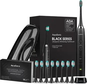 Black Series Toothbrush & Travel Case With 8 Dupont Brush Heads & Whitening Strips Set