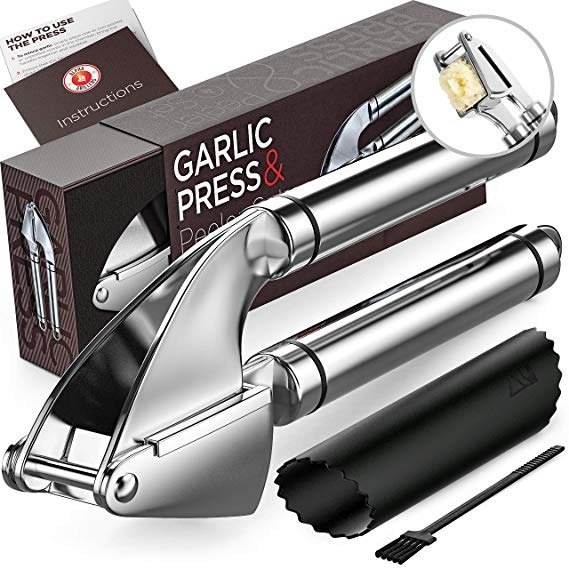 Garlic Press. Stainless Steel Mincer & Crusher With Silicone Roller Peeler. Easy Squeeze, Rust Proof, Dishwasher Safe, Easy Clean