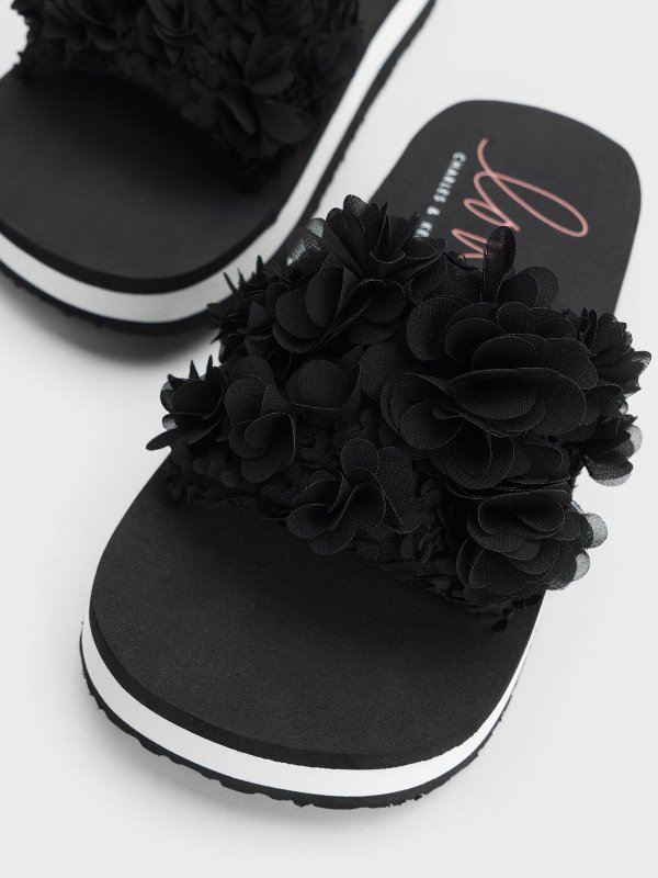 Black Floral Mesh Flatform Sandals | CHARLES & KEITH
