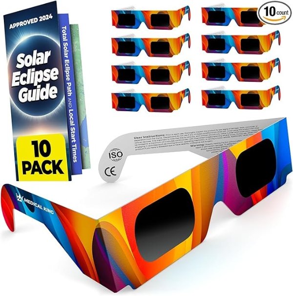 Medical king Solar Eclipse Glasses AAS Approved 2024 (10 pack) CE and ISO Certified Safe Shades for Direct Sun Viewing + Bonus Eclipse Guide With Map