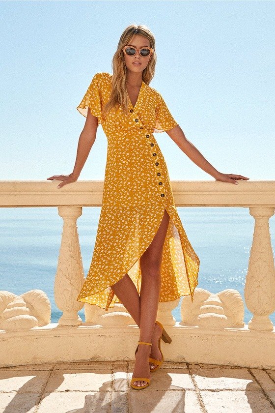 After-Bloom Delight Golden Yellow Floral Print Midi Dress
