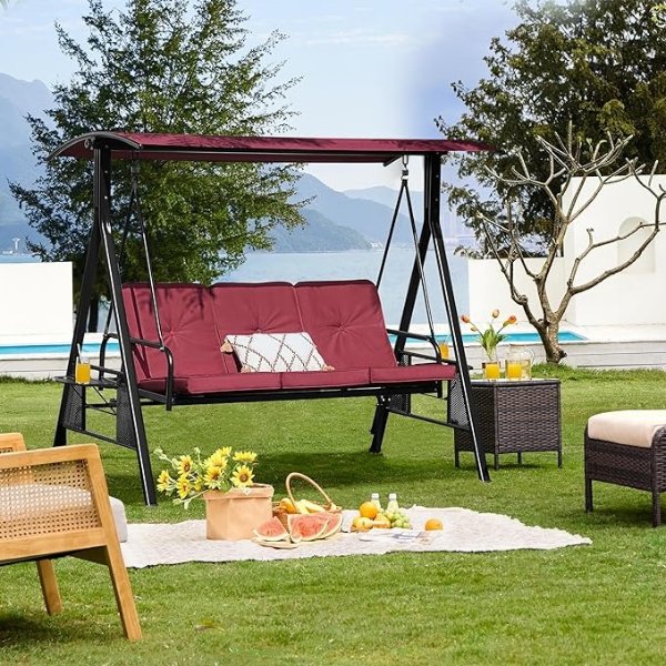 3-Seat Outdoor Patio Swing Chair, Deluxe Outdoor Patio Porch Swing with Weather Resistant Steel Frame, Adjustable Tilt Canopy for Patio Garden Poolside Balcony Backyard, Burgundy