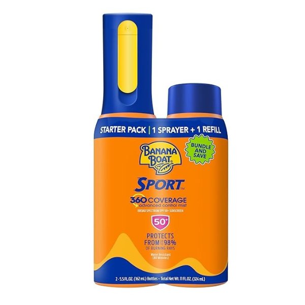 Sport 360 Coverage Sunscreen Mist SPF 50+ Bundle | Refillable Sunscreen Bottle with Spray Sunscreen Refill, SPF 50 Spray Mist Bottle, Non-Aerosol Sunscreen, 5.5oz each Bundle Pack