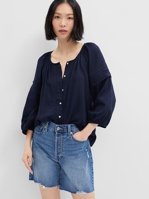 Relaxed Button-Front Lace Top