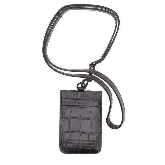 Black Gossip Croco Embossed Leather Card Holder With Strap