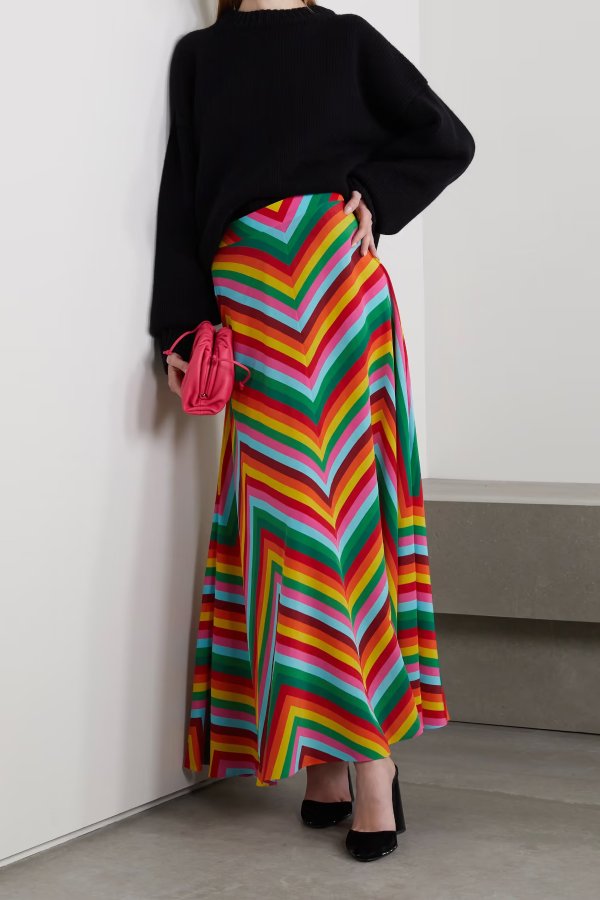 Striped silk-crepe maxi skirt