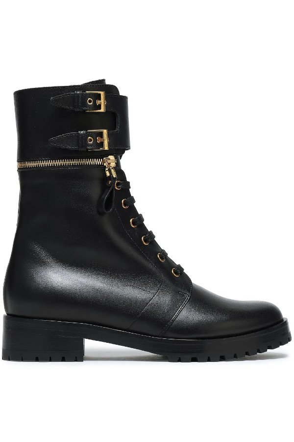 Zip-detailed buckled leather combat boots
