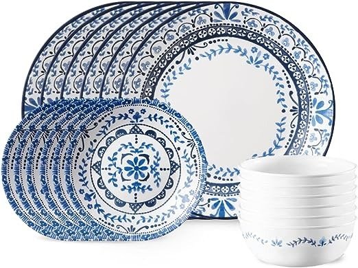 Vitrelle 18-Piece Service for 6 Dinnerware Set, Triple Layer Glass and Chip Resistant, Lightweight Round Plates and Bowls Set, Portofino