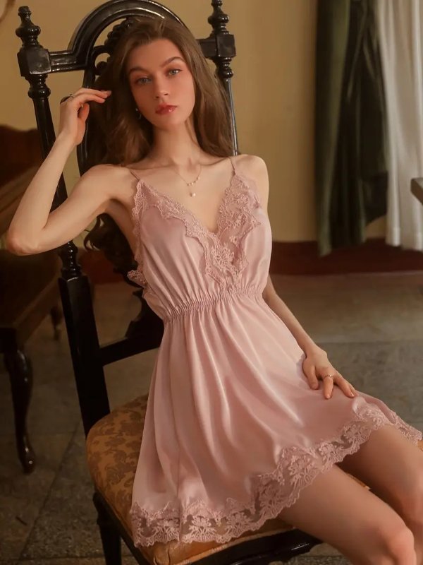 Elegant Contrast Lace Pajama Set with Belted Robe & V-Neck Slip Dress – All-Season Comfort and Style
