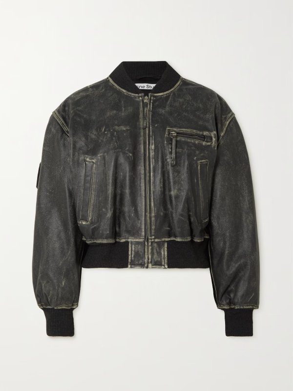 Distressed leather bomber jacket