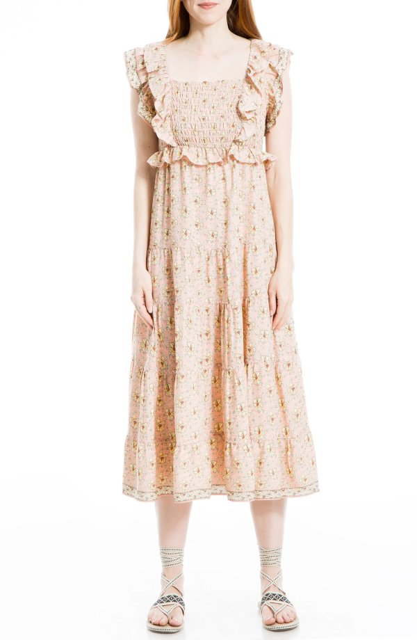 Ruffled Smocked Bodice Printed Dress