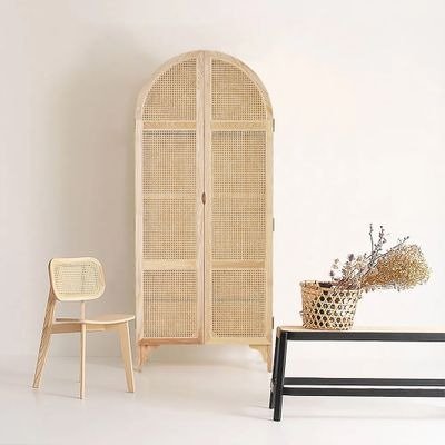 Woven Rattan Bedroom Clothing Armoire with Hidden 2 Doors and Drawers Wardrobe, Natural-Homary