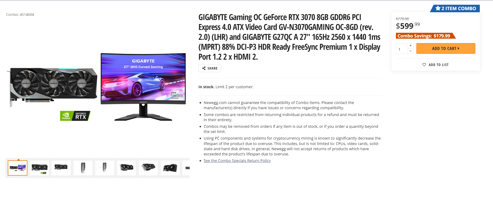 GIGABYTE的Gaming OC RTX 3070 8GB 加上G27QC 27“ 2K 165hz电竞屏幕