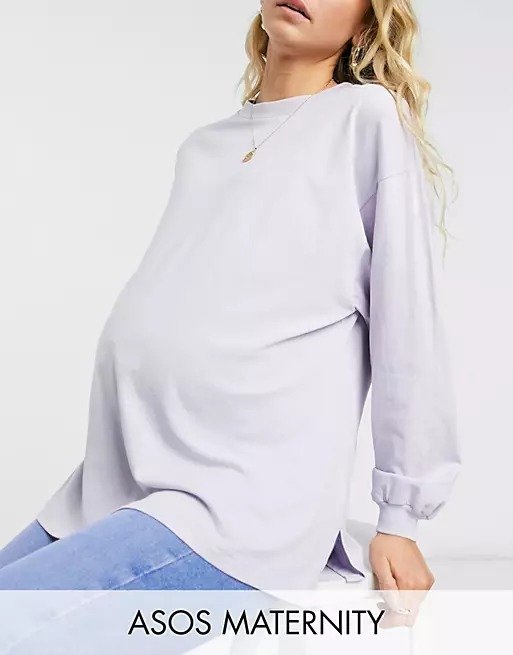 DESIGN Maternity oversized long sleeve T-shirt with cuff detail in iced lilac |