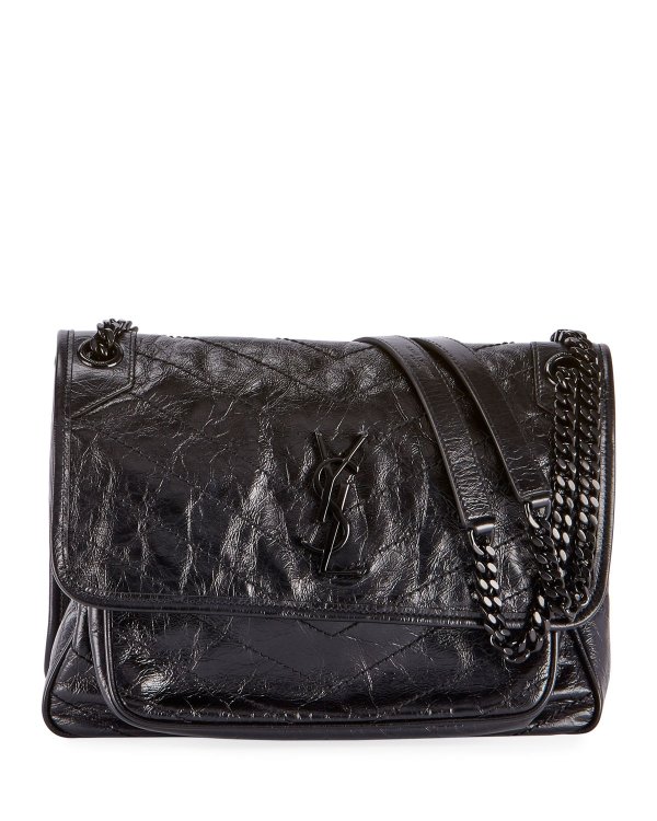 Niki Medium Crinkled Calfskin Flap-Top Shoulder Bag, Black Hardware