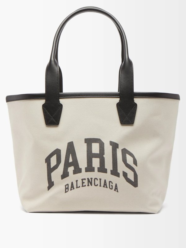 Paris logo-print leather-trim canvas tote bag