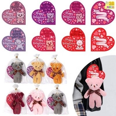 Syncfun 24 Packs Valentine's Day Heart Cards with Mini Bears Toys Set, Cute Stuffed Animal Plush Keychain Toys for Kids, Classroom Exchange Gifts