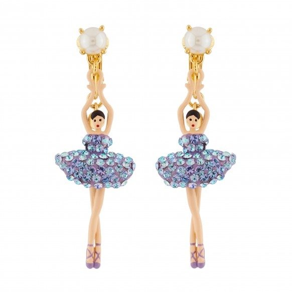 Toe-dancing ballerina paved with aurora bubble crystals clip earrings