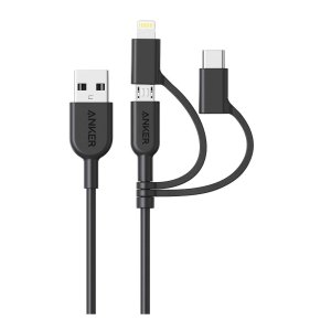 Anker Powerline II 3-in-1 Cable, Lightning/Type C/Micro USB Cable for iPhone, iPad, Huawei, HTC, LG, Samsung Galaxy, Sony Xperia, Android Smartphones, iPad Pro 2018 and More(3ft, Black)