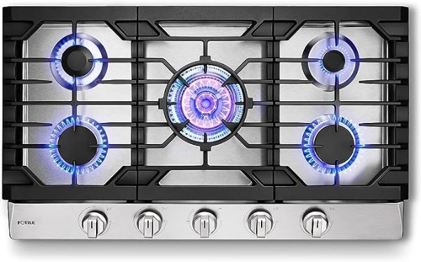 GLS36502 36” Stainless Steel 5-Burner Gas Cooktop, Tri-Ring 22,000 BTUs Center Burner with Flame Failure Protection Removable Grates and Installation/LP Kit