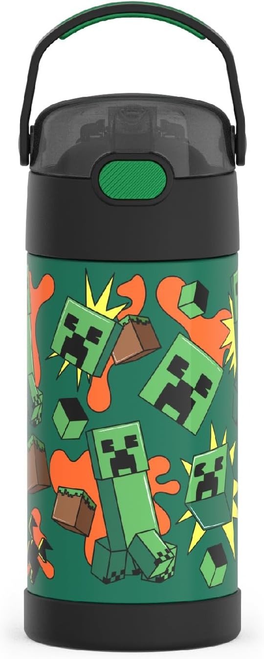 FUNTAINER 12 Ounce Stainless Steel Vacuum Insulated Kids Straw Bottle, Minecraft